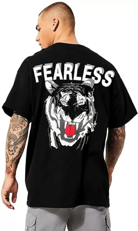 Men Black Cotton Blend Back Printed T-shirt