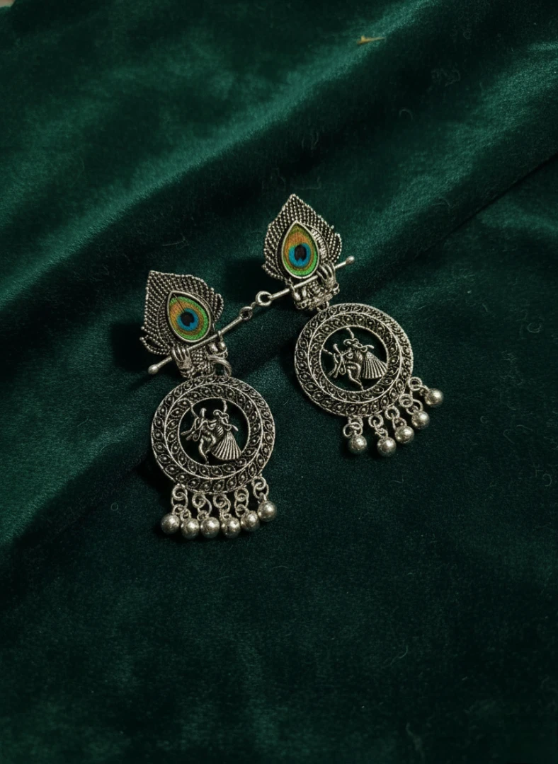 Blisskart Stylish Silver Oxidised Mor Pankh Bansuri Earrings | Religious Krishna Leela Design Jhumkas for Girls ( 1-pair )