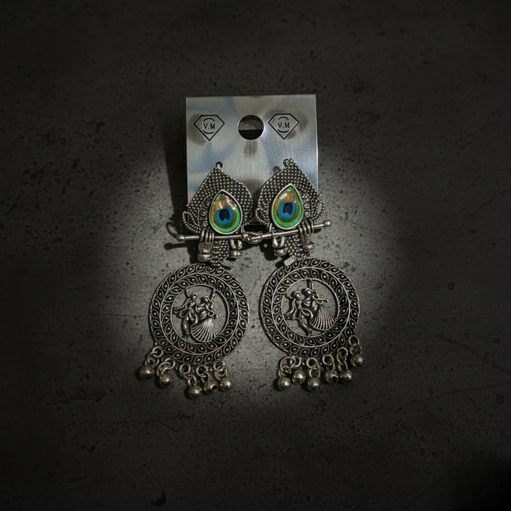 Blisskart Stylish Silver Oxidised Mor Pankh Bansuri Earrings | Religious Krishna Leela Design Jhumkas for Girls ( 1-pair )