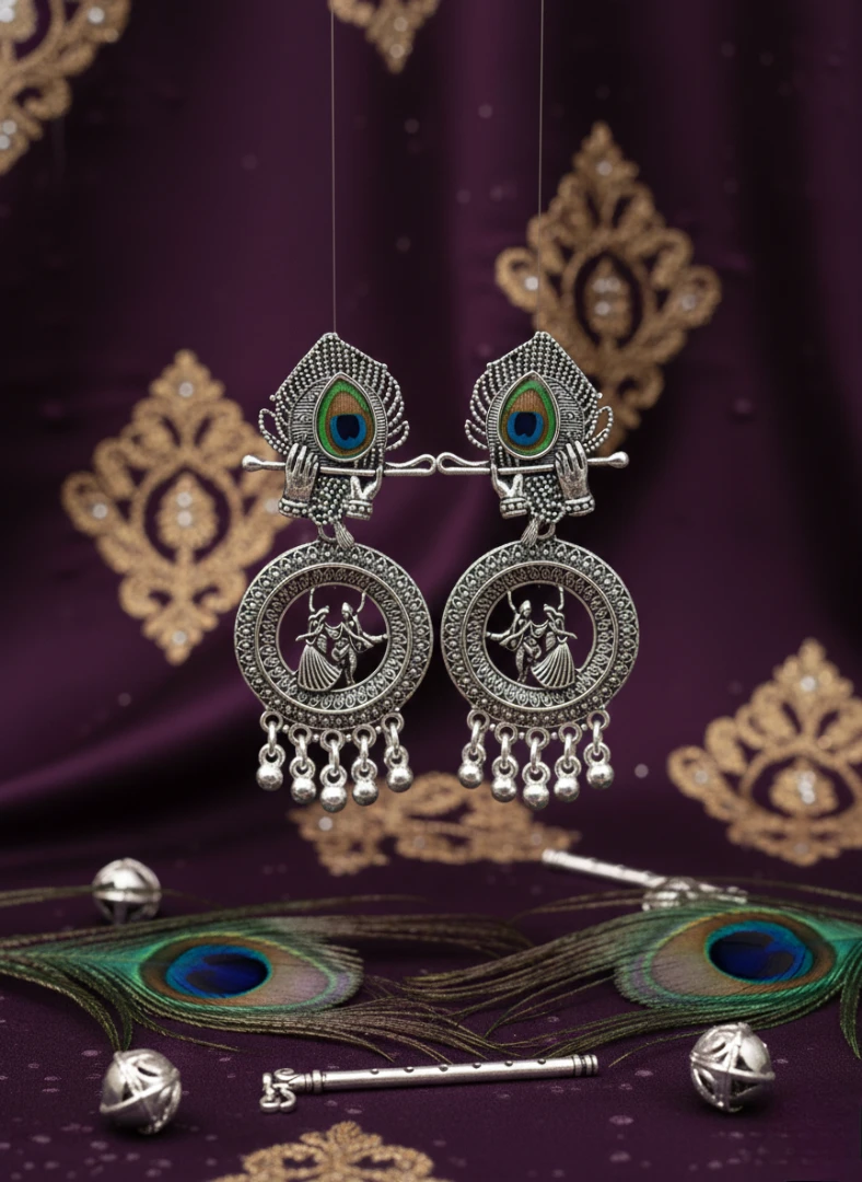 Blisskart Stylish Silver Oxidised Mor Pankh Bansuri Earrings | Religious Krishna Leela Design Jhumkas for Girls ( 1-pair )
