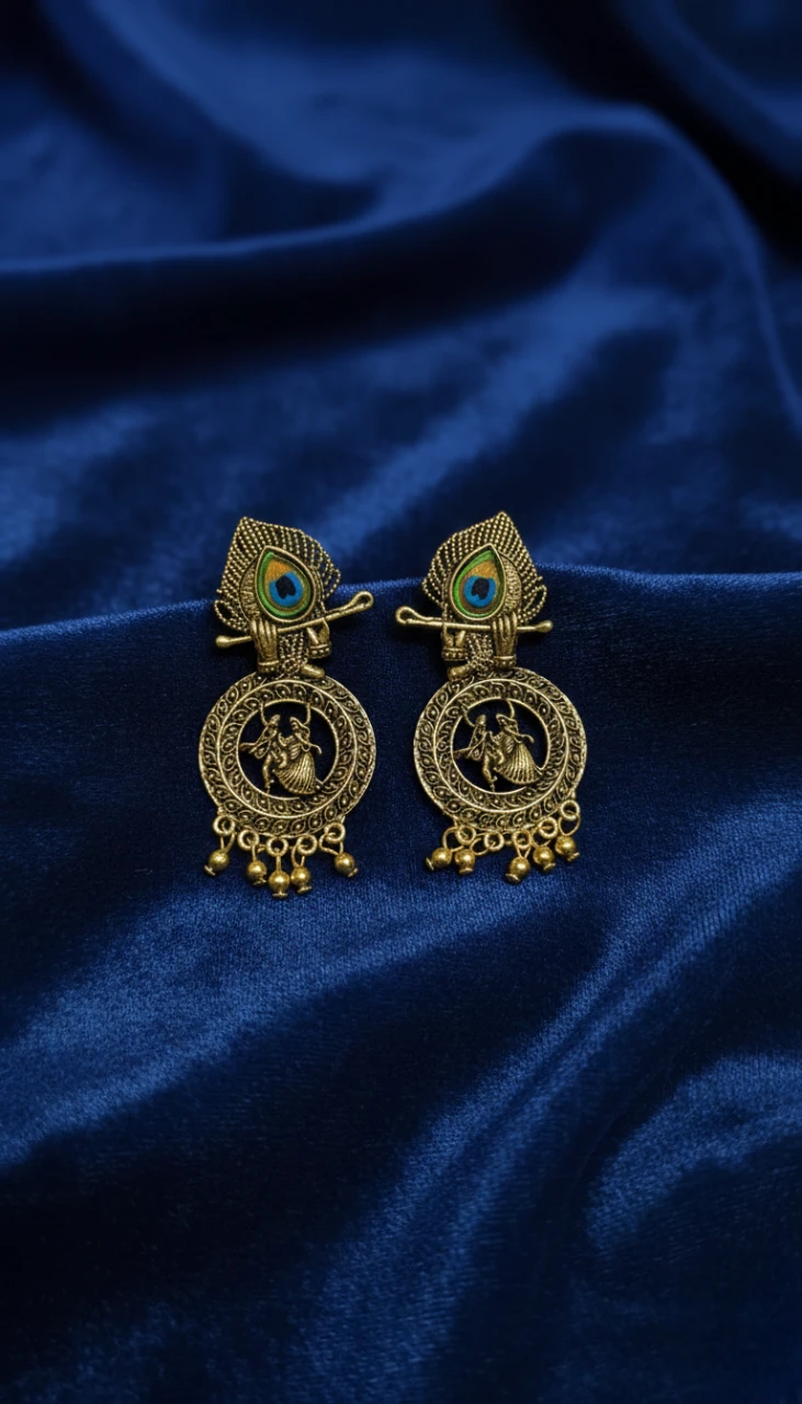 Blisskart Stylish Gold Oxidised Mor Pankh Bansuri Earrings | Religious Krishna Leela Design Jhumkas for Girls ( 1-pair )