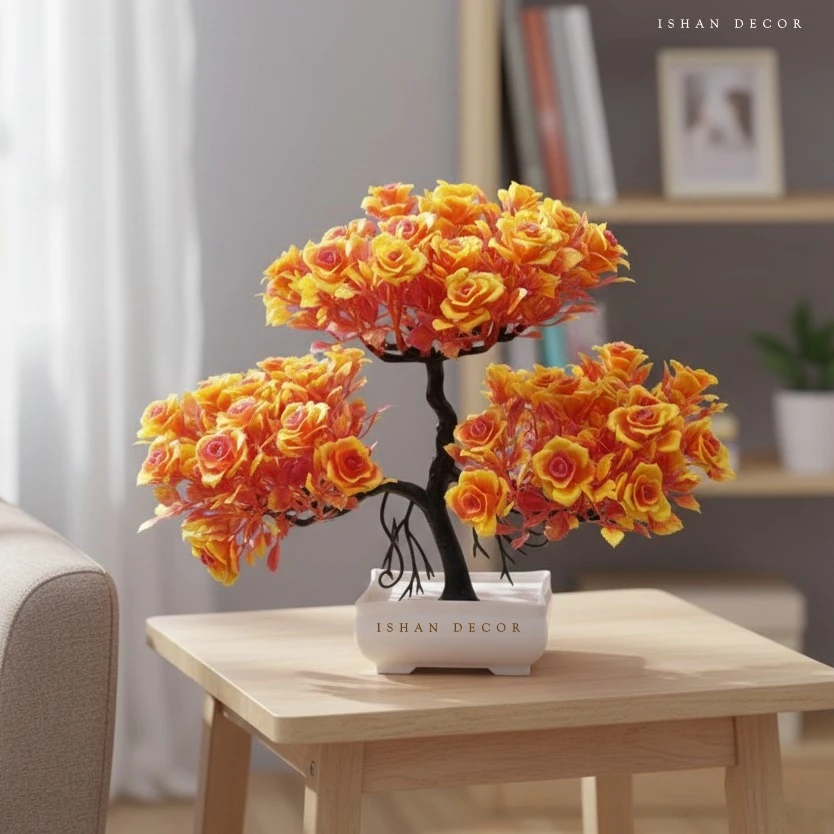 Ishan Decor Artificial Orange Rose Flower Pot for Home Decor | Bonsai Style Artificial Flower Plant