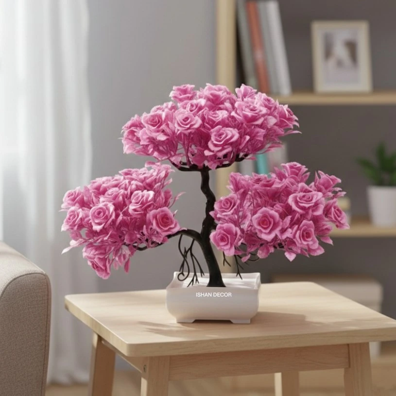 Ishan Decor Artificial Pink Rose Flower Pot | Bonsai Style Decorative Plant for Home & Office