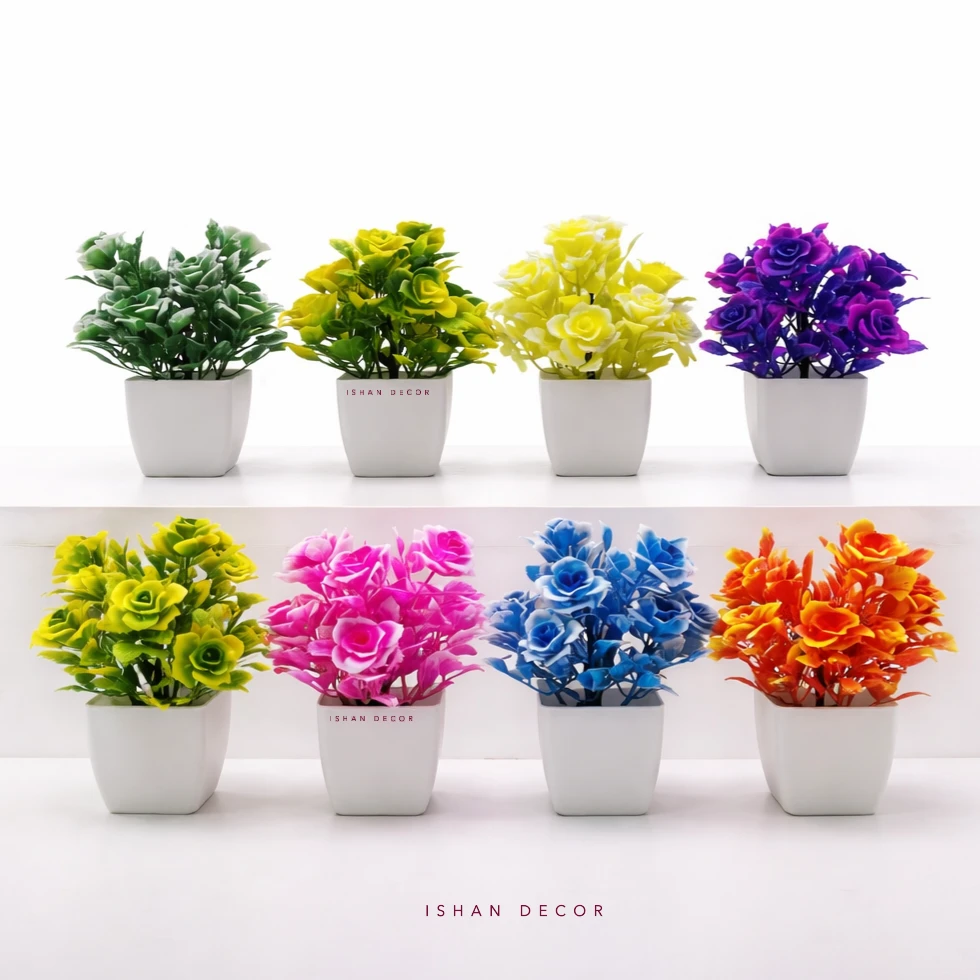Ishan Decor Artificial Rose Flower Pot Set | Colorful Decorative Plants for Home & Office Decor