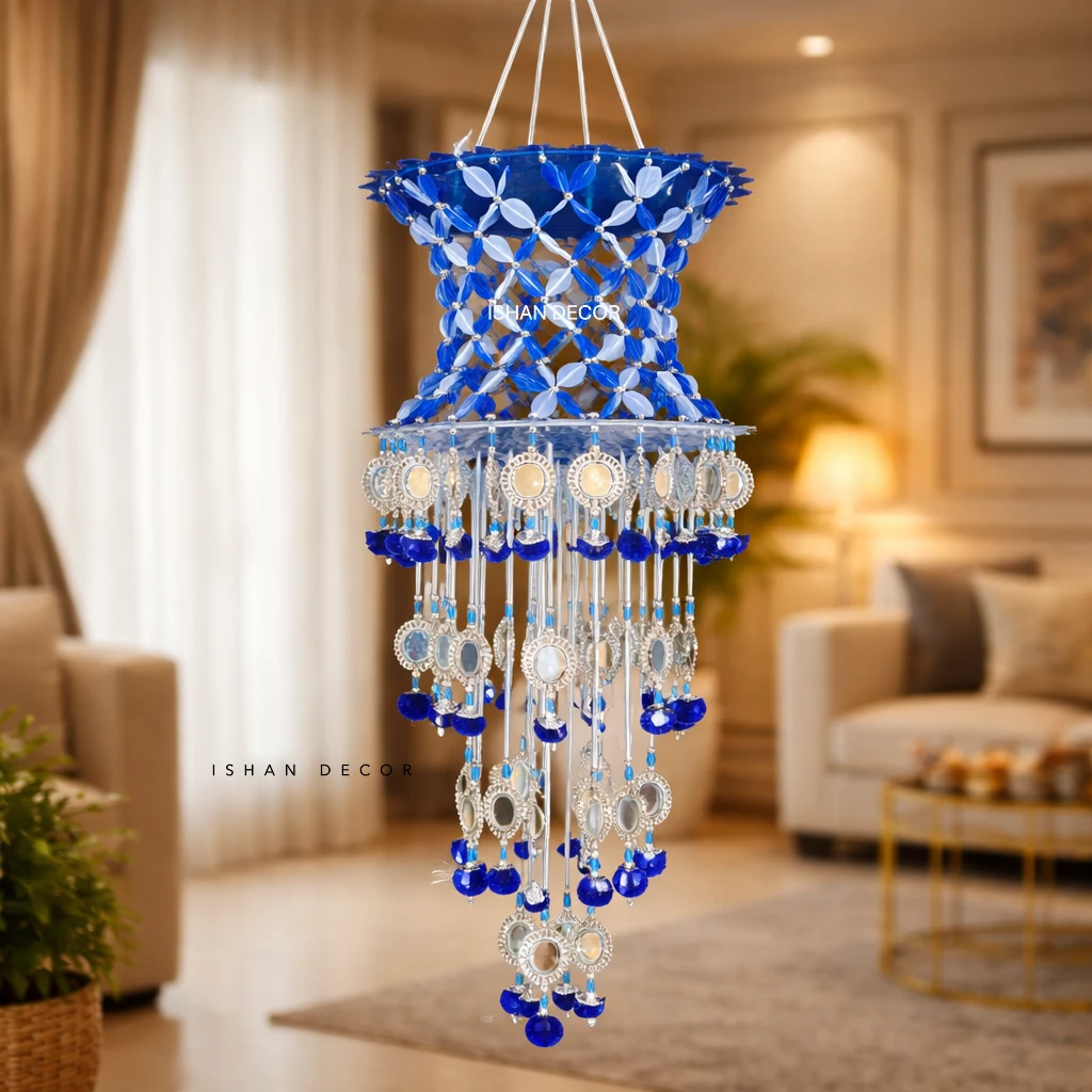 Ishan Decor Blue Hanging Chandelier Decor | Decorative Beaded Hanging Lamp for Home & Living Room