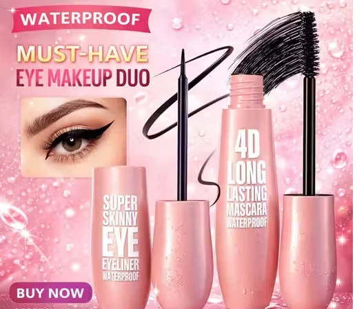 TJI Best Waterproof Eye Makeup Combo | Super Skinny Black Eyeliner & 4D Long Lasting Mascara | Smudge Proof | Quick Dry | Long Wear pack of 2