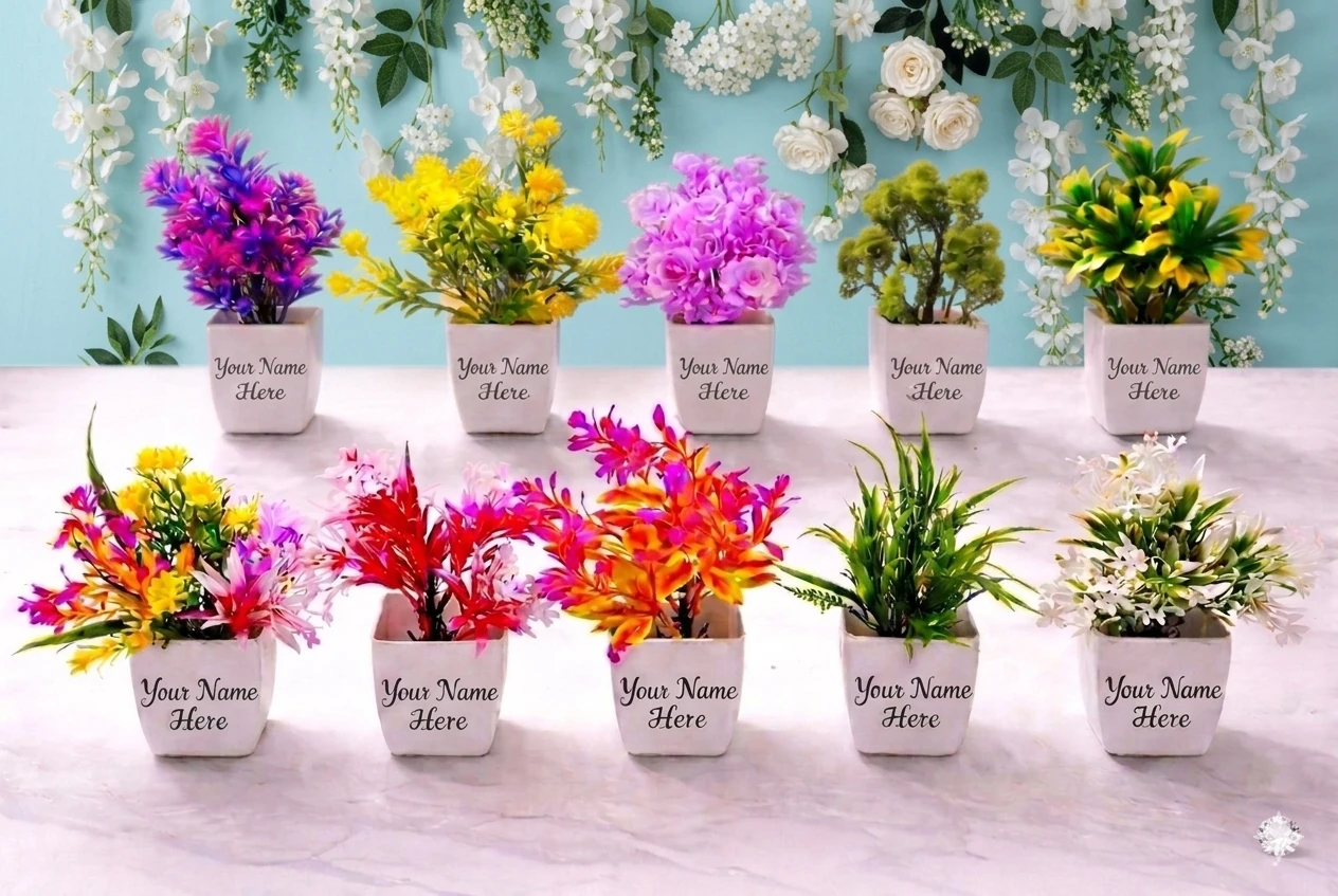 Pack of 10 Customized Artificial Plants with Personalized Name on Pots.
