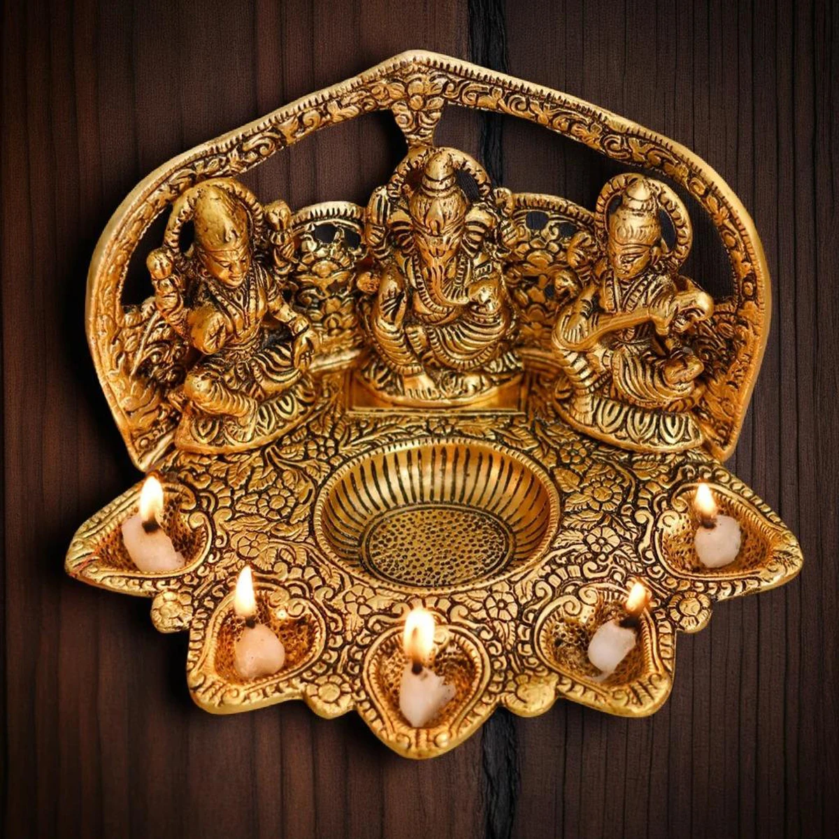 Heaven Decor Laxmi Ganesh Saraswati with 5 Diya Inbuilt Idol Diya Oil Lamp Deepak Metal Showpiece StatueTraditional Diya for Diwali Puja Home Decoration Items Gifts