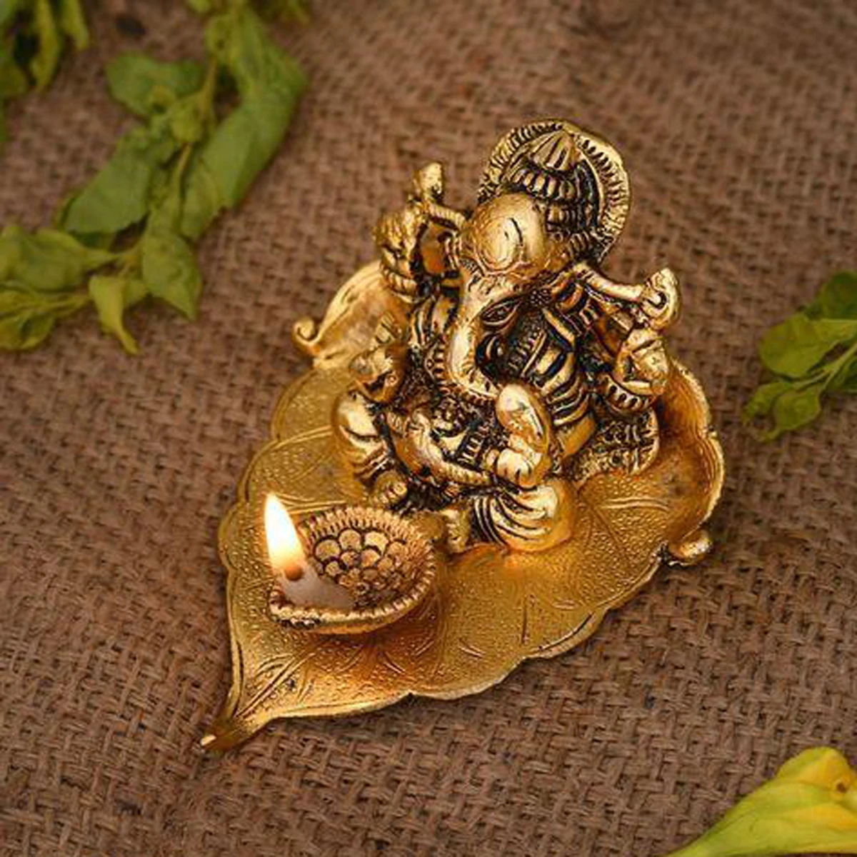 Heaven Decor leaf ganesh god idol decorative murti with diya