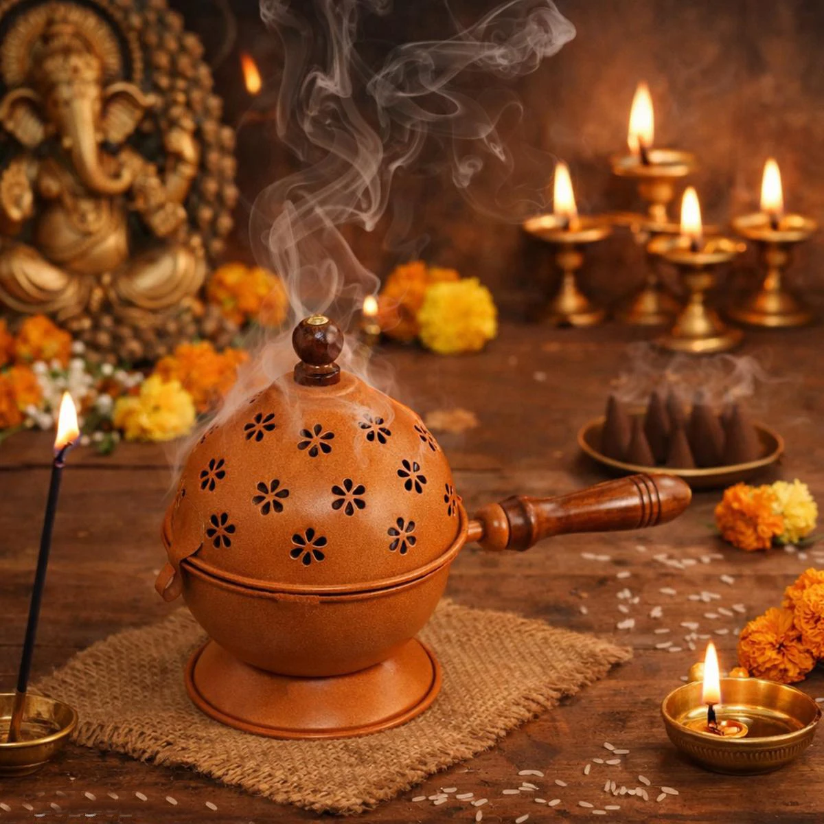 Heaven Decor Incense Burner, Loban Burner with Wooden Handle, Dhoop Dhuni Burner Sambrani Dhoop Burner for Home Office Temple Prayer Butler