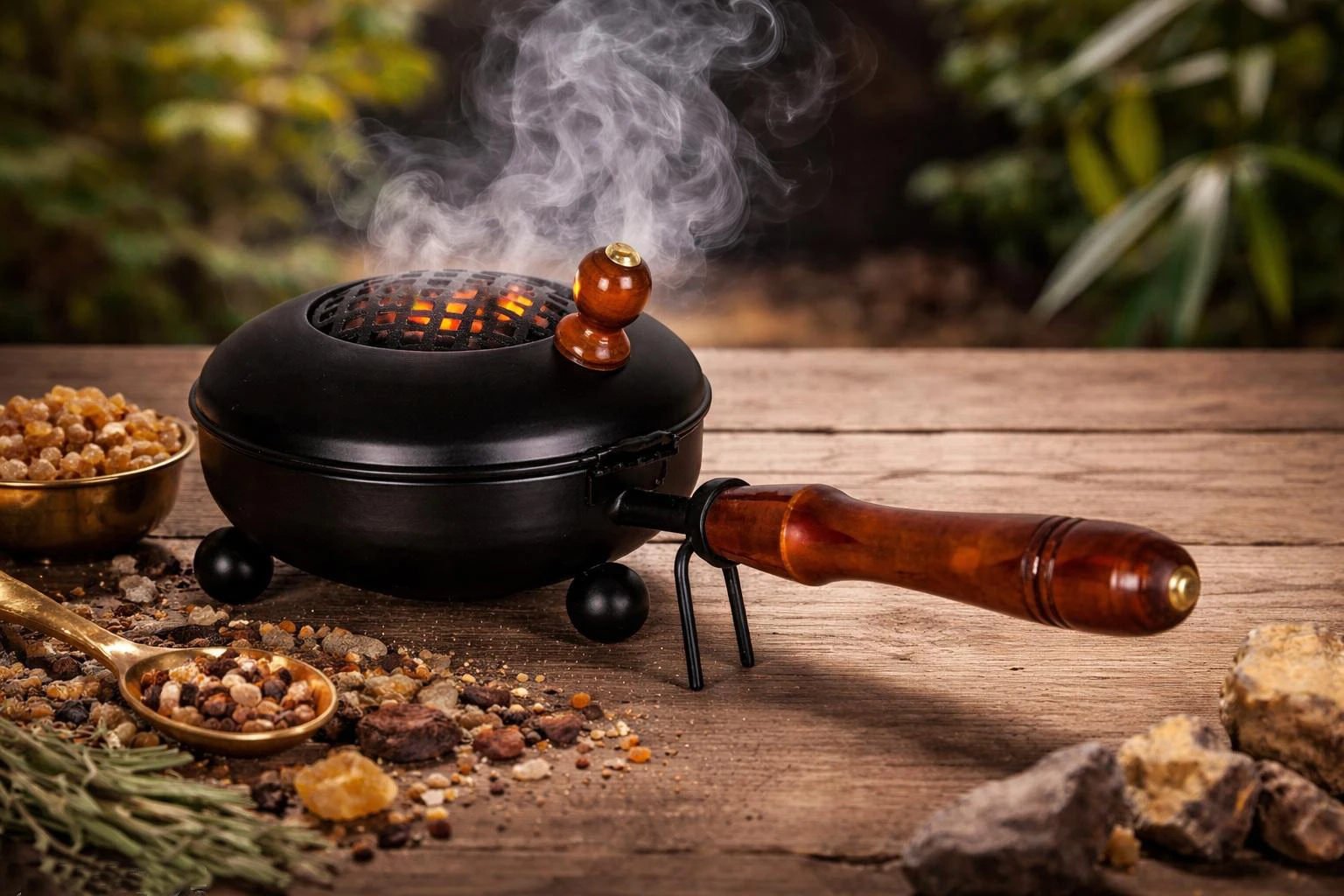 Heaven Decor Incense Burner, Loban Burner with Wooden Handle, Dhoop Dhuni Burner Sambrani Dhoop, Resin & Home Office Temple Prayer Butler