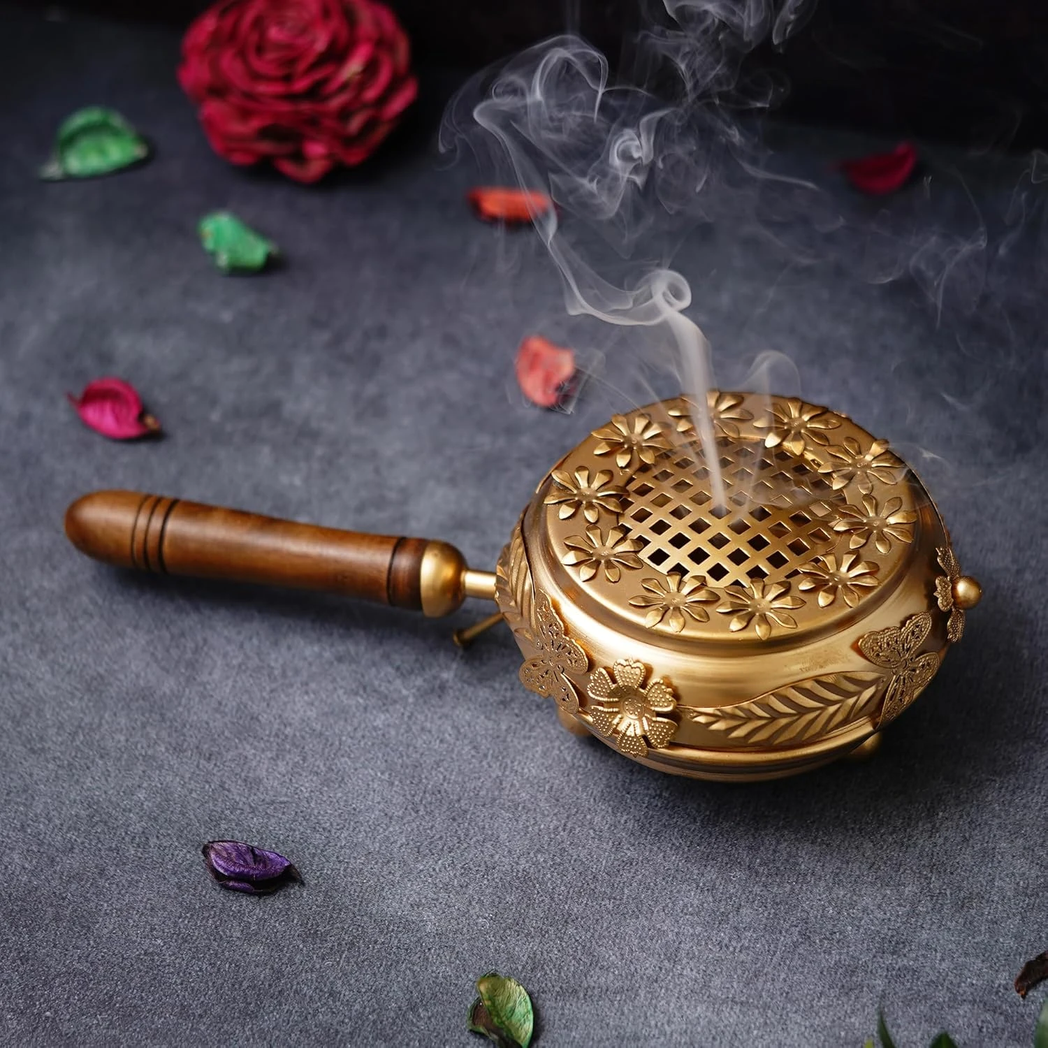 Heaven Decor Metal Incense Loban Burner with Wooden Handle, Golden Sambrani Dhoop Burner for Home Temple Office